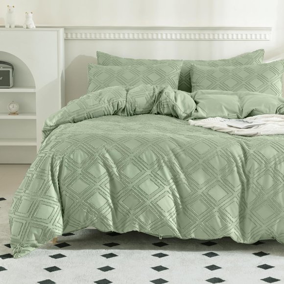 Green Duvet Cover Queen Size - 3 PCS Microfiber Tufted Duvet Cover Set, Boho