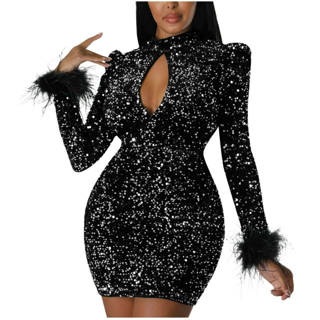 AherBiu Robe à Paillettes pour Femmes Soirée de Nuit Manches Longues Dos Nu Encolure Goutte Scintillante Ajustée Mini Robes