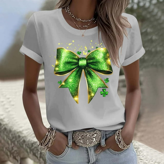 Elvqul Chemises Grande Taille pour Femmes Manches Courtes T-Shirts Col Rond Chandail de Vacances Imprimé Décontracté Hauts Verts