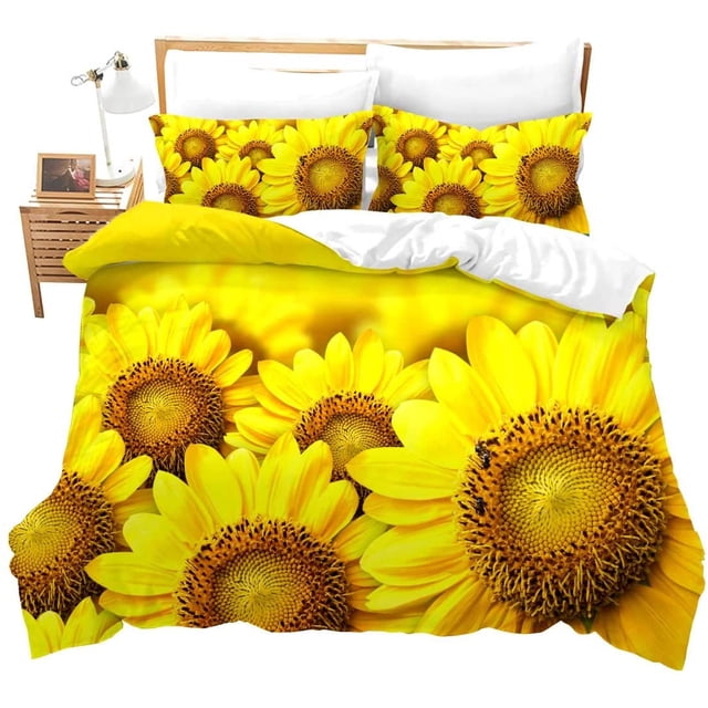 Juego de funda nórdica tamaño completo, girasoles amarillos y la impresión floral decorativa