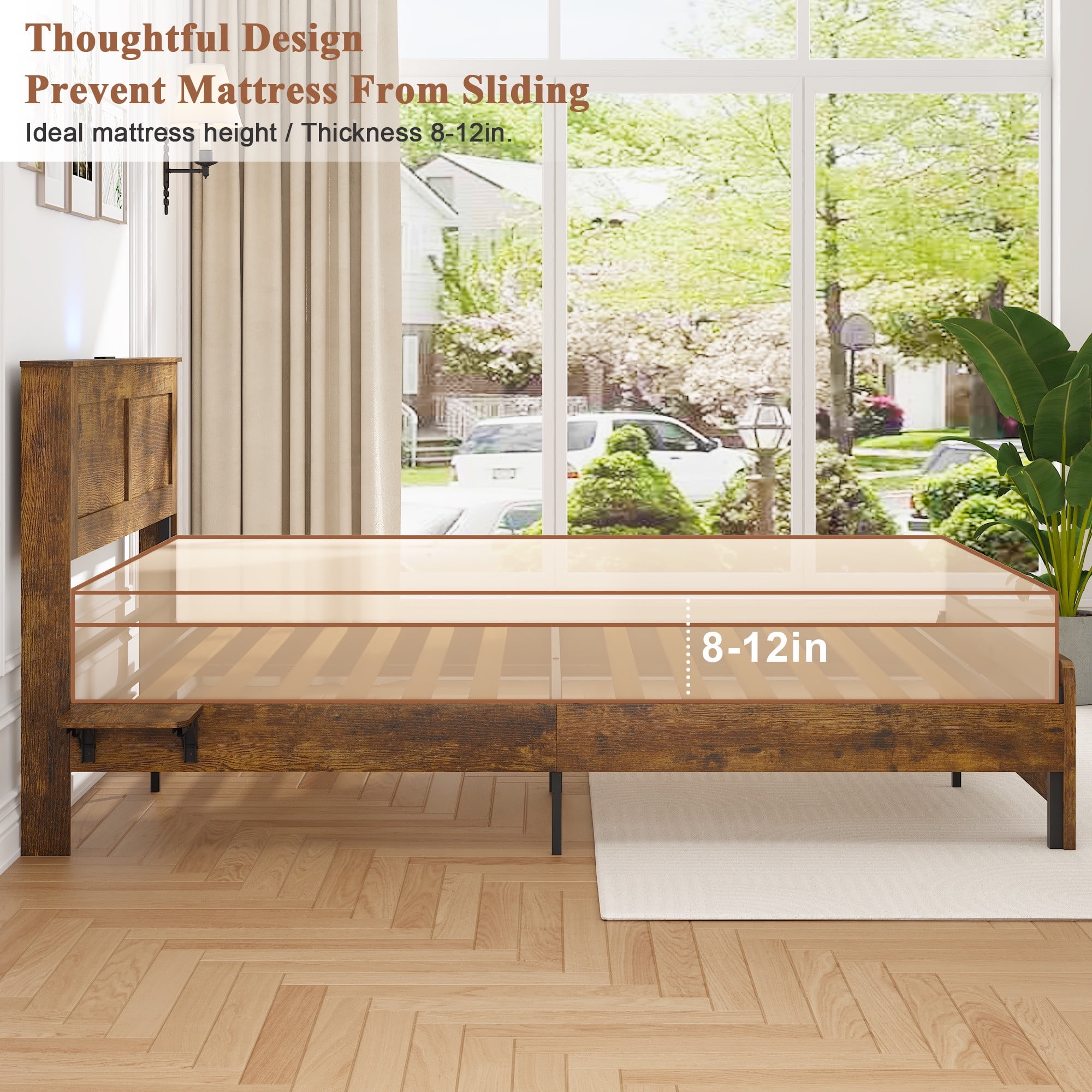 Wood Queen Bed Frame with Headboard for Bedroom, Holaki Rustic Farmhouse Platform Bed with USB Port & 2 Foldable Side Storage Racks, 12 Wood Slats Support, No Box Spring Needed, Easy Assembly