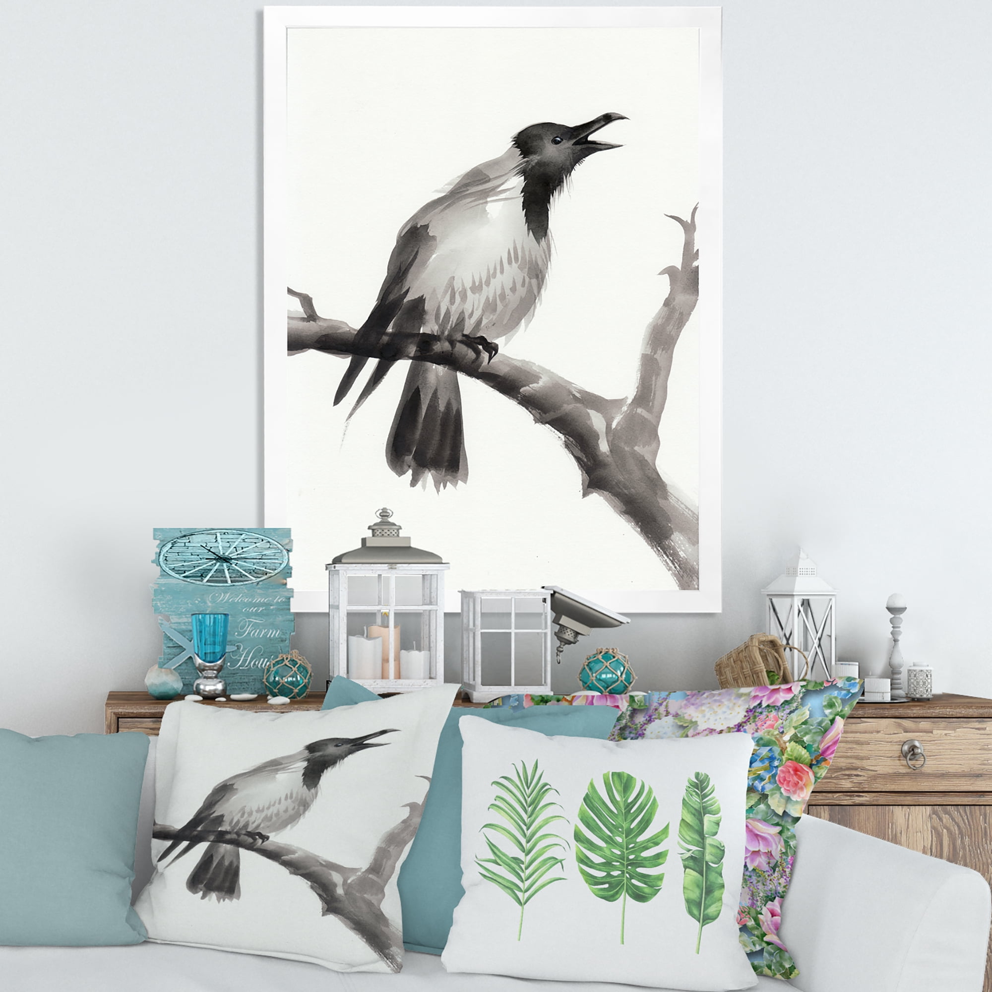Designart 'Monochrome Crying Crow On A Branch' Traditional Framed Art Print