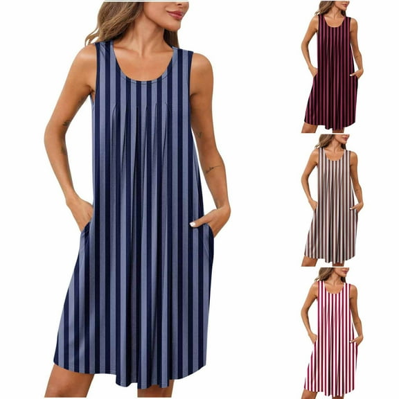Aboser Womens Cotton Blend Sleeveless Nightgown Vintage Striped Graphic Nightshirt Casual Scoop Neck Tank Sleep Shirts Loose Fit Midi Sleepwear Comfy House Loungewear with Pockets