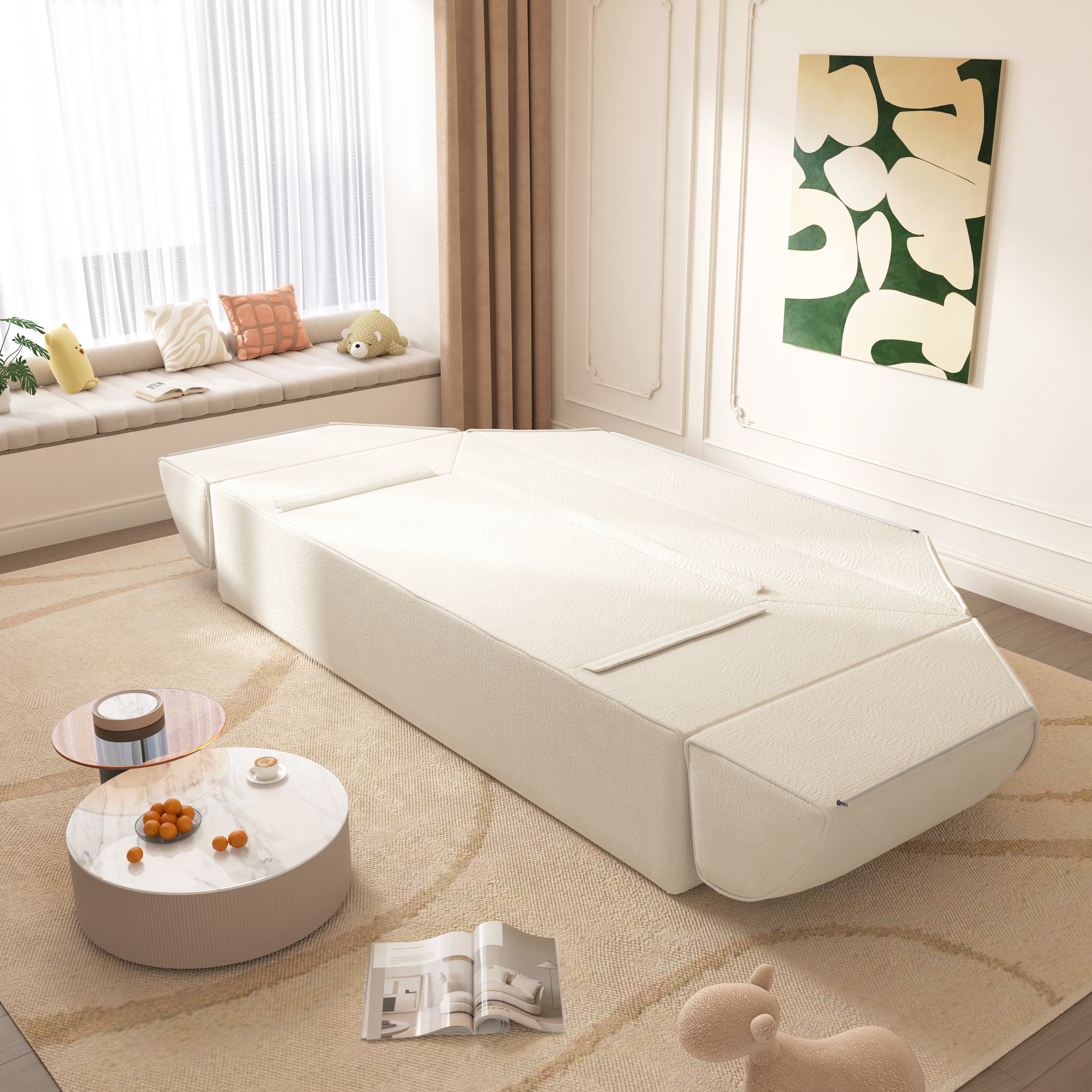 Avobird 3 in 1 Convertible Sofa Bed, 79.5" Modern Deep Seat Couch with 2 Pillows, Sparkling Chenille Fabric Sofa,Chaise Lounge for Living Room/Office, Beige