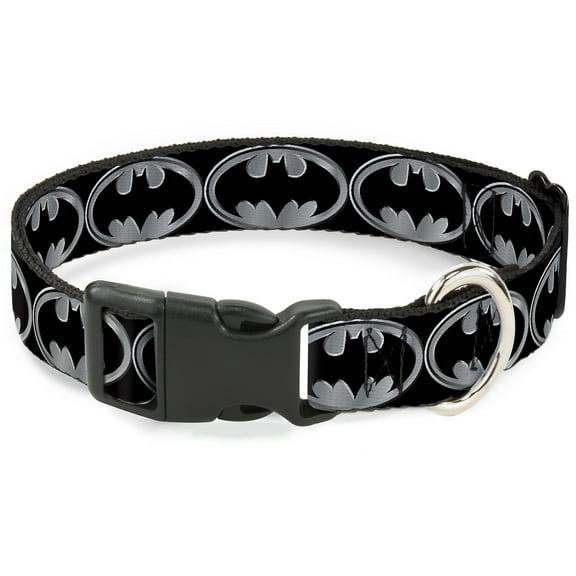 DC Comics Pet Collar, Dog Collar Plastic Buckle, Batman Shield Black Silver, 16 to 23 Inches 1.5 Inch Wide