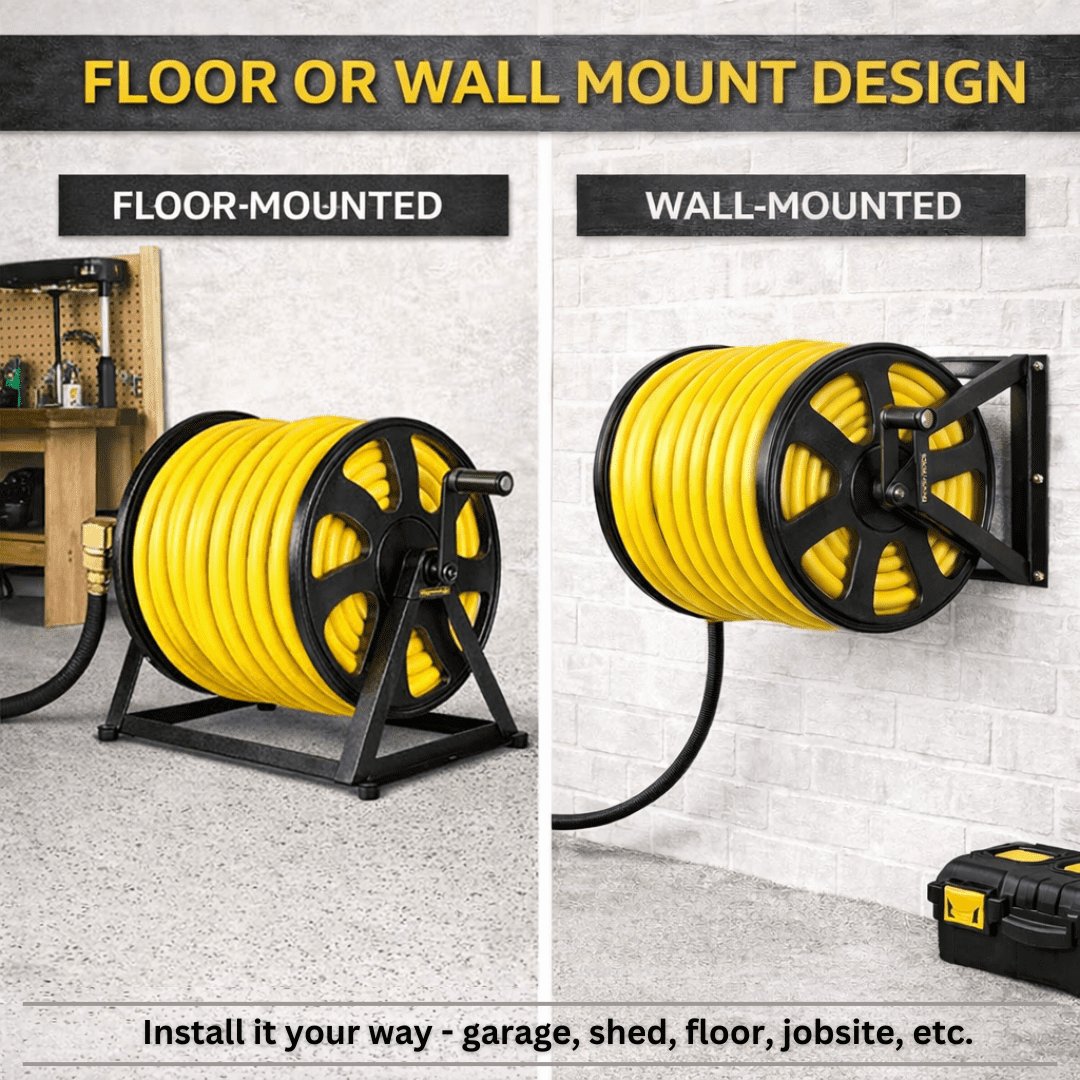 Dual Floor and Wall Mounted Garden Hose Reel, Holds 200ft of Water Hose, Heavy Duty Metal Hose Reel, Space Saving Hose Reel Organizer for Yard, Garage & Shed (Black)