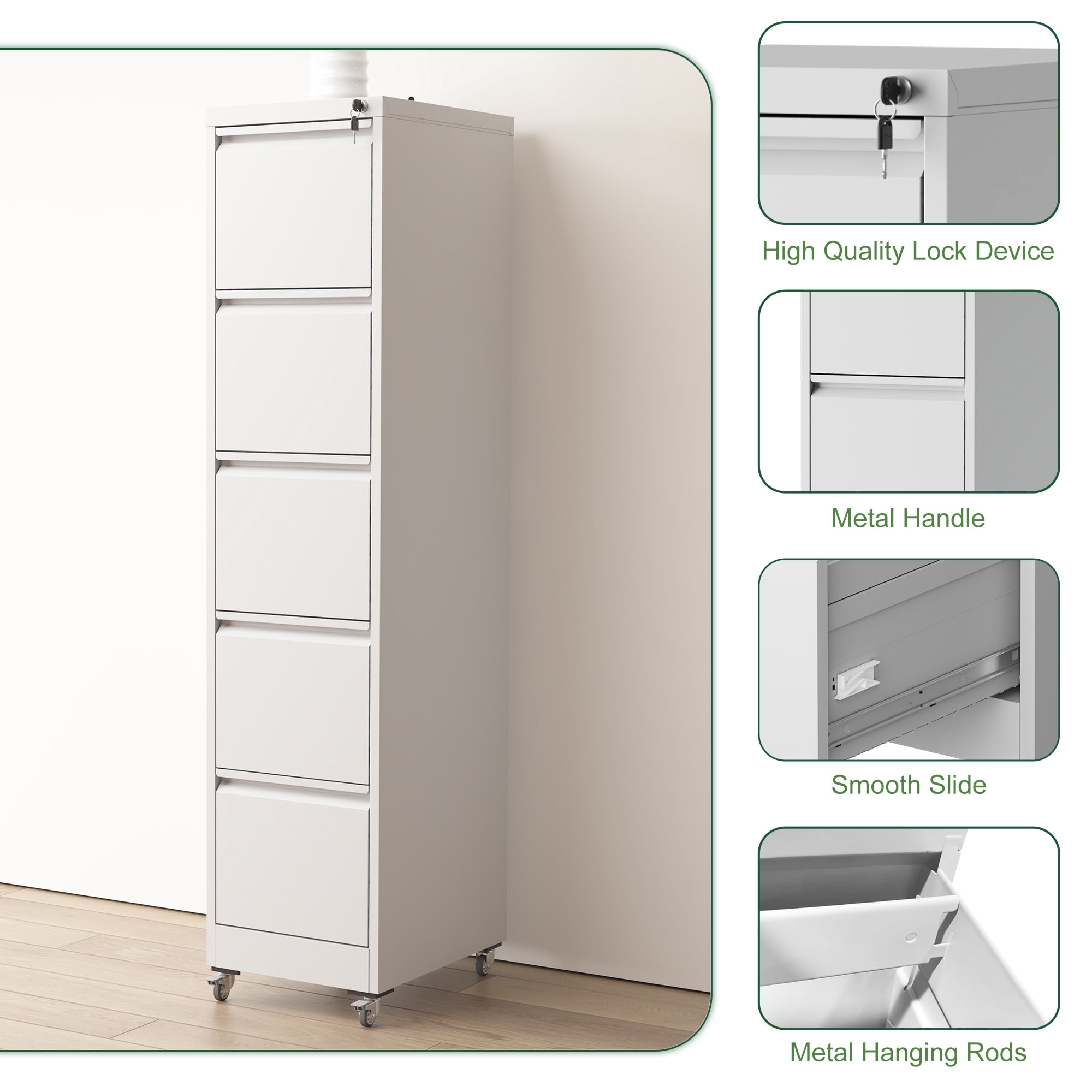 5 Drawer Metal Vertical File Cabinet with Lock on Wheels for Home Office,Heavy Duty Metal Storage Cabinet for A4/Letter/Legal Size Files, White, 17.71"D*15.16"W*64.17"H
