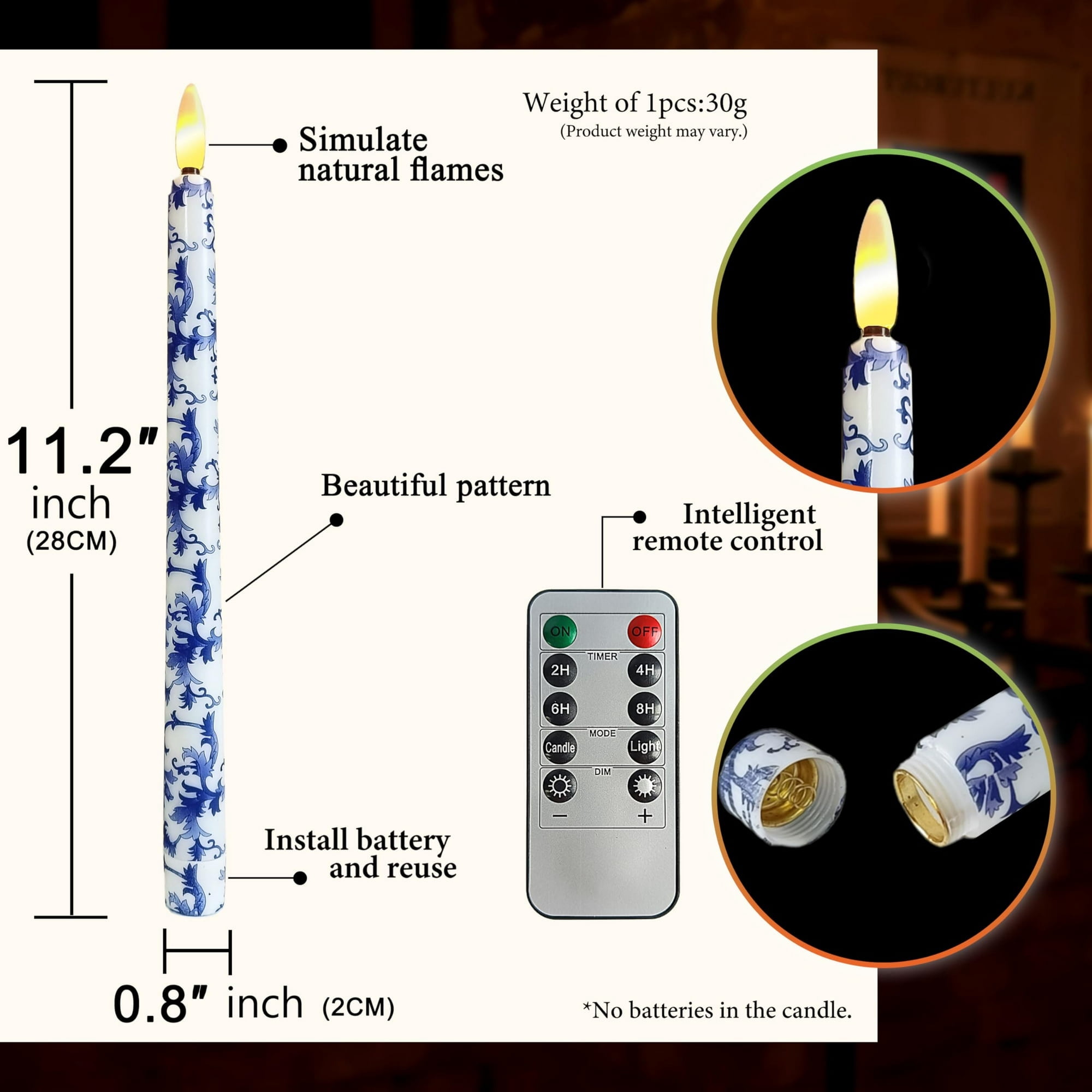 6PCS Printed Flameless Taper Candles, 11 Inch LED Candlesticks Battery Operated with 10-Key Remote and Timer, 3D Flickering Flame Lights for Wedding Party Home Decor Gifts