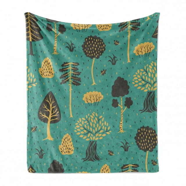 Botanical Soft Flannel Fleece Throw Blanket, Doodle Style Trees and Leaves Forest Elements Drawn by Hand, Cozy Plush for Indoor and Outdoor Use, 50" x 60", Cadet Blue Sand Brown, by Ambesonne