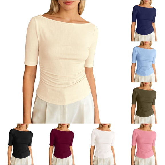 XIAONU Women's Solid Boat Neck Ribbed Elbow Sleeve Tees Ruched Waist Office Daily Tops