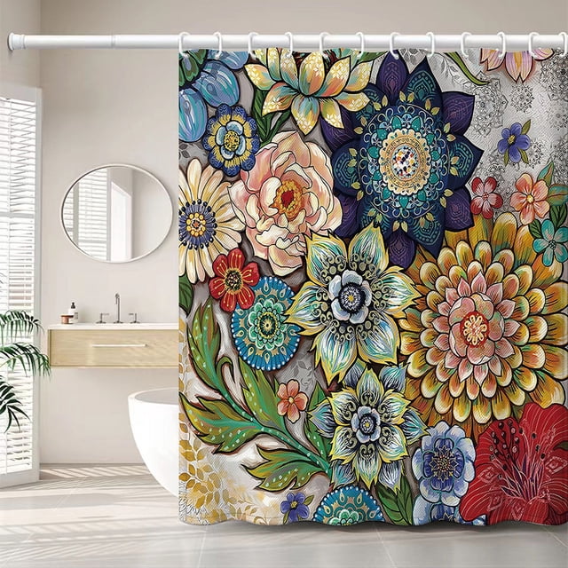 Cortina de Ducha de 180 x 200 cm con 12 Ganchos de Secado rápido (Flores), Tela de poliéster Impermeable Lavable a máquina, Cortinas de baño JM