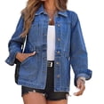 thumbnail image 2 of Women's turn Down Collar Solid Color Casual Denim Jacket with Open Front Daily Wear, 2 of 8