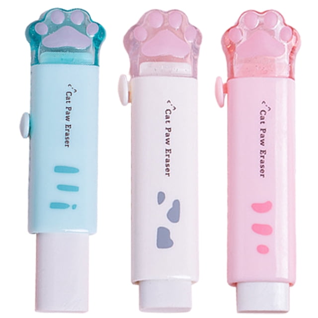 KAKOWELY 3 borradores retráctiles con forma de pata de gato de dibujos animados, borradores kawaii, borradores lindos, borrador retráctil