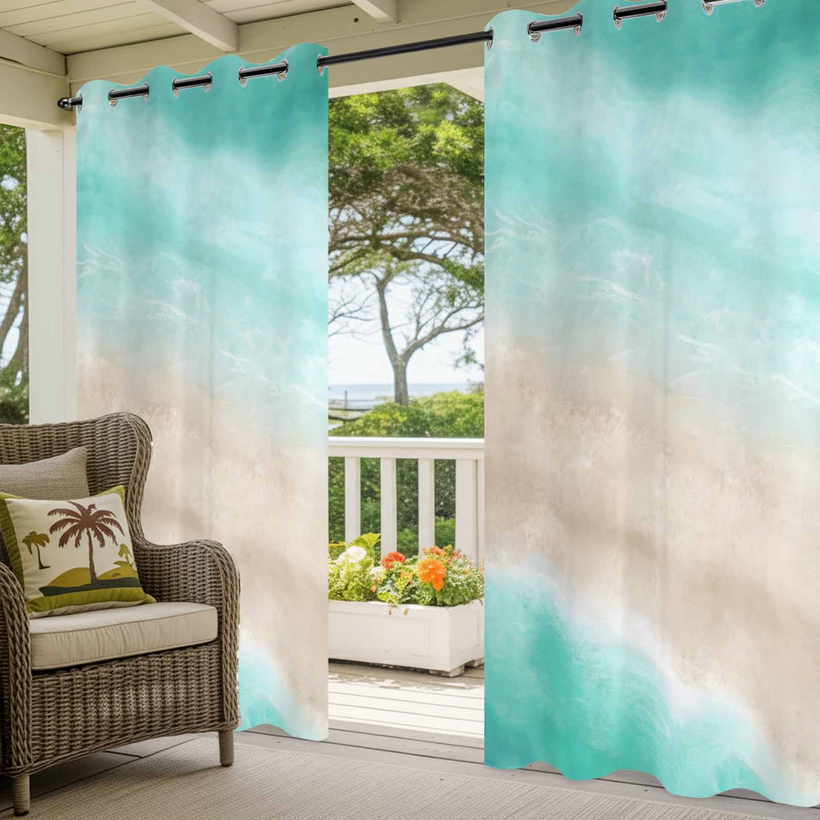 Summer Beach Outdoor Curtains for Patio, Teal Green Gradient Ocean Wave Beige Sand Abstract Sunshade Privacy Drapes Grommet Waterproof Outside Curtains for Porch/Cabana/Balcony 54"x 108", 1 Panel