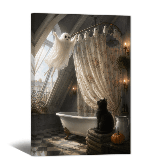 Funny Halloween Ghost Canvas Wall Art Playful Bathroom Water Play Prints, Moody Antique Artwork Paintings for Living Room Bedroom Home Wall.