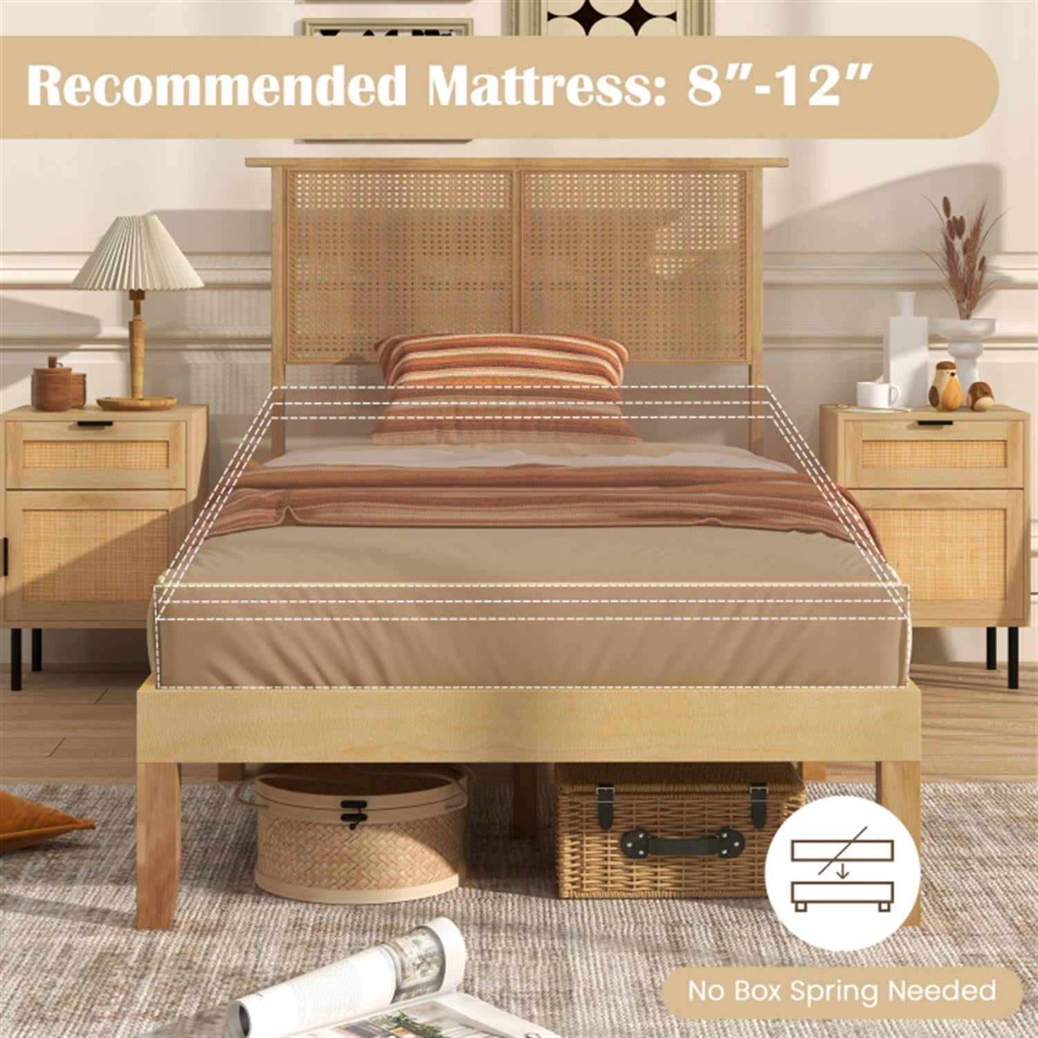 Demi Bonn Twin Size Bed Frame with Rattan Headboard, Platform Bed Frame with 12 Strong Wood Slat Support, No Box Spring Needed, Beige