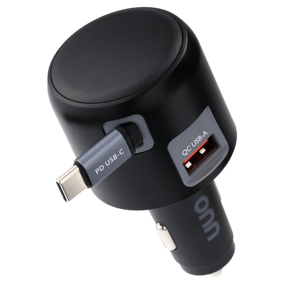 onn 2-in-1 Fast Charge USB-C/USB Car Charger with Built-In Retractable USB-C Cable