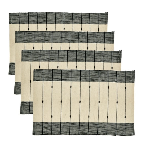 Fennco Styles Banded Border Striped Cotton Placemats 14" W x 20" L, Set of 4 - Black & White Woven Table Mats for Everyday Use, Dining Room, Banquets and Home Décor