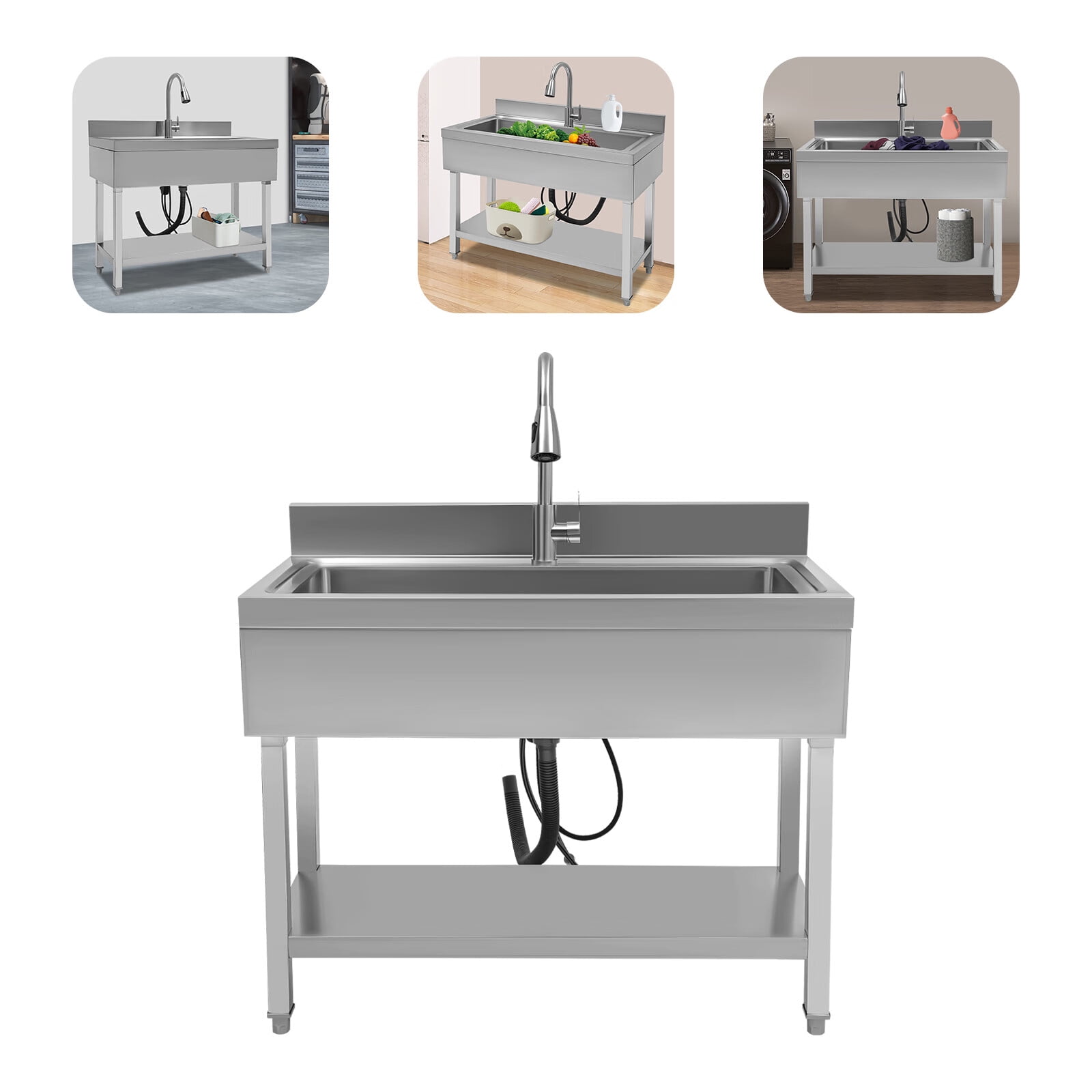 Loyalheartdy Stainless Steel Commercial Sink Freestanding Single High Capacity Utility Sinks with Pull-Out Faucet & Storage Shelf for Kitchen Laundry Room Garage Outdoor Garden 36" x 20" x 49"