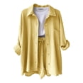 thumbnail image 4 of GILIGEGE Linen Sets for Women 2 Piece Summer Women's Solid Spring Wrinkle Collar Long Sleeve Shirt High Waist Shorts Large Fashion Casual Set Summer Beach Vacation Outfits Lounge Tracksuits Yellow S, 4 of 4