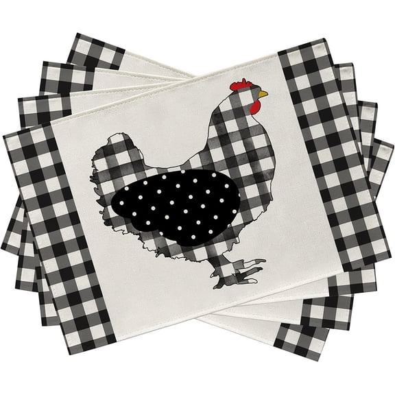 Farm Chicken Hen Animal Placemats Set of 4, Black White Buffalo Check Plaid Farmhouse Chick Dining Table Place Mats, Spring Summer Country Rustic Kitchen Decor Home Decoration 12 x 18 Inch