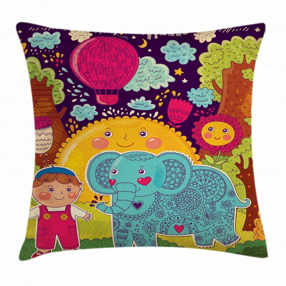 Elephant Throw Pillow Cushion Cover, Cartoon Boy in the Forest with Smiling Sun and Flower Animal with Ethnic Motifs, Decorative Square Accent Pillow Case, 24 X 24 Inches, Multicolor, by Ambesonne