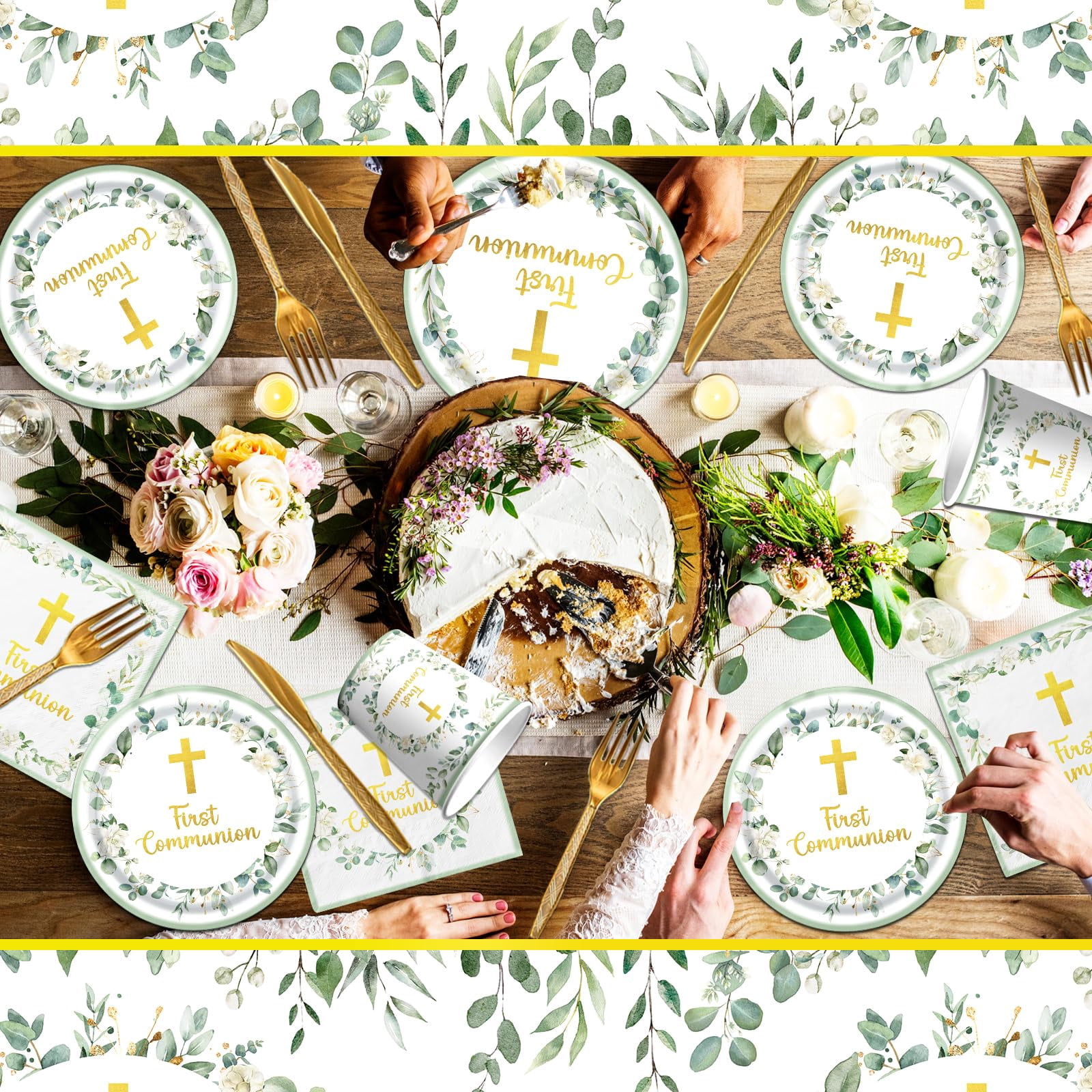 Communion Decorations – Includes 9" & 7" Plates, Napkins, Cups, Cutlery, Serves 25, for First Holy Communion, Baptism, Primera Comunion Party, Available in Pink, Blue, or Green