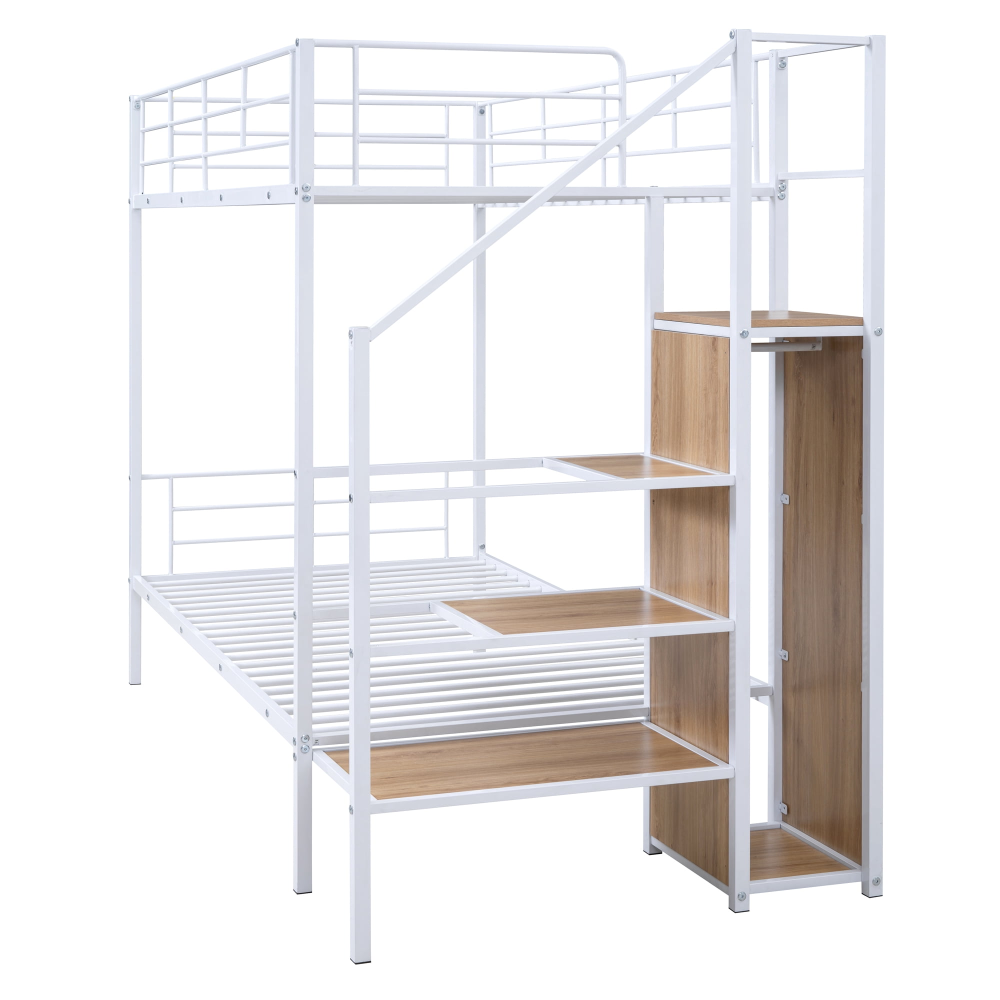 Euroco Metal Twin over Twin Bunk Bed for Kids Teens Adults, Space-Saving with Staircase and Wardrobe, White