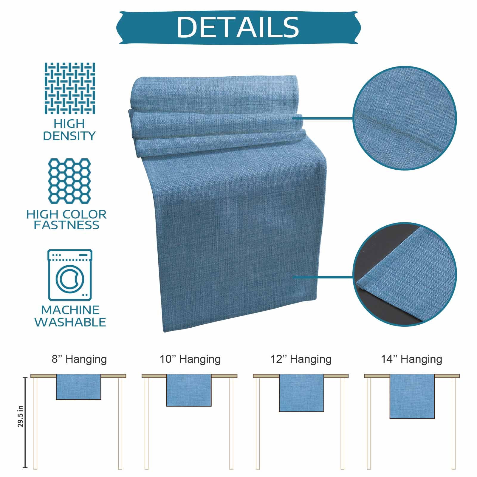 Table Runner 72 Inches Long for Kitchen Dining, Blue Dresser Scarf Farmhouse, Dining Table Decorations for Wedding/Parties, Farmhouse Burlap Solid Blue Color Modern Linen Texture 14 x 72 In