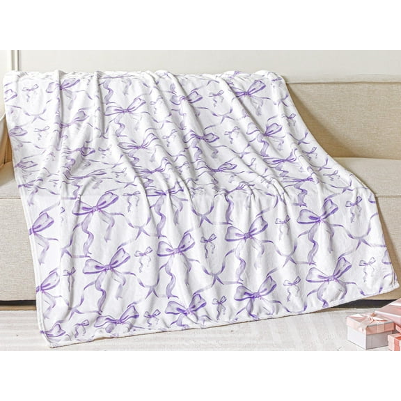 Purple Bow Throw Blanket Preppy Blanket Coquette 50" x 60" Flannel Soft Cute Bow Decor Lightweight Aesthetic Plush Room Decor for Sofa Couch Travel Bed Christmas Halloween Decoration