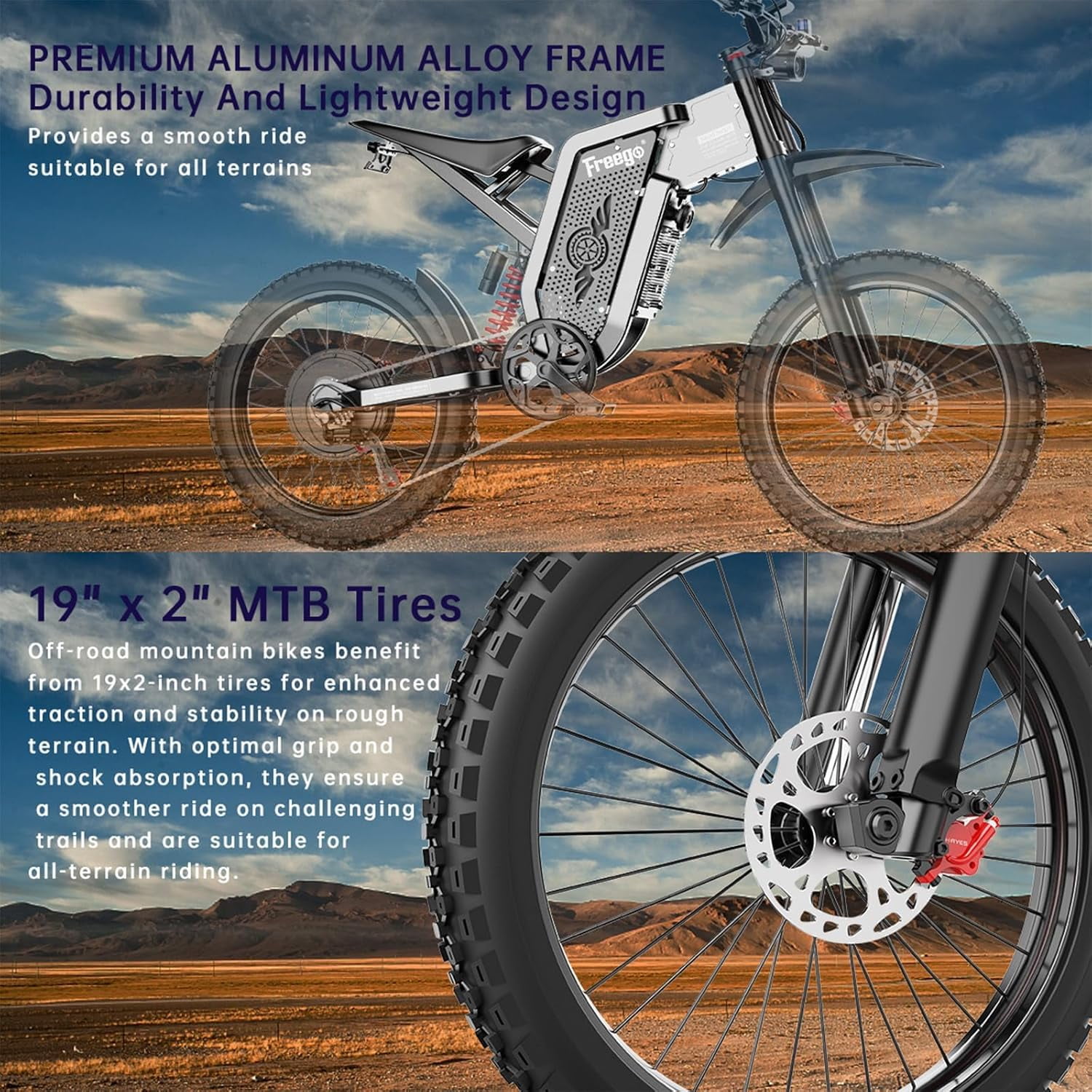 Freego X2 Electric Motorcycle for Adults,6000W Motor 60V30AH Removable Battery Electric Bike, 50Mph/7Speed Electric Mountain Bicycle, 19" x2" Tire Full Suspension,Full Hydraulic Brake