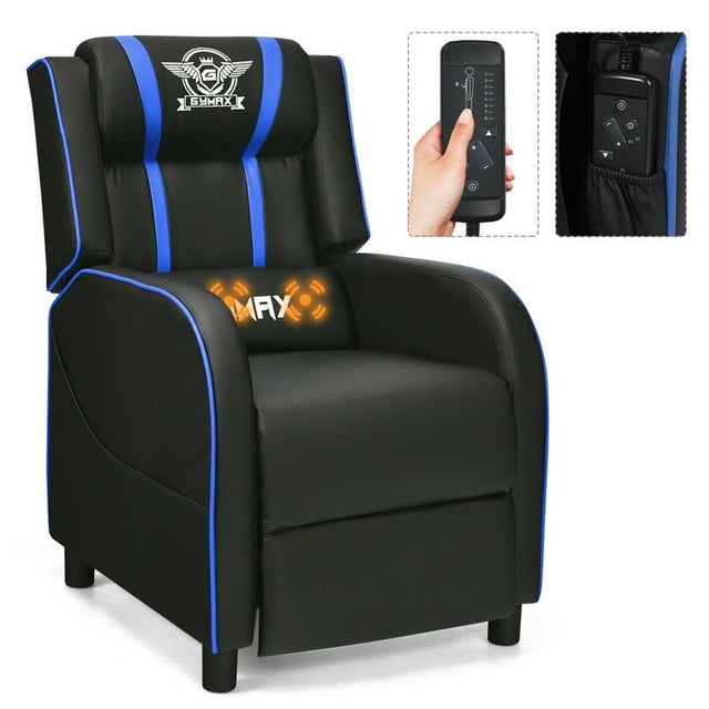 Gymax Fauteuil Inclinable de Jeu avec Massage, Fauteuil de Course Simple, Sofa Lounge, Siège de Cinéma Maison, Bleu