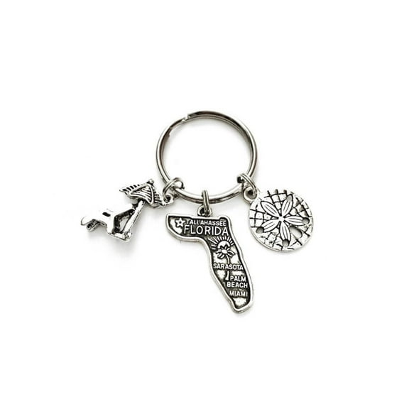 Florida themed keychain. Includes State of FL, Beach Chair with Umbrella, and Sand Dollar charms. Beach House Hostess Gift. Vacation Key.