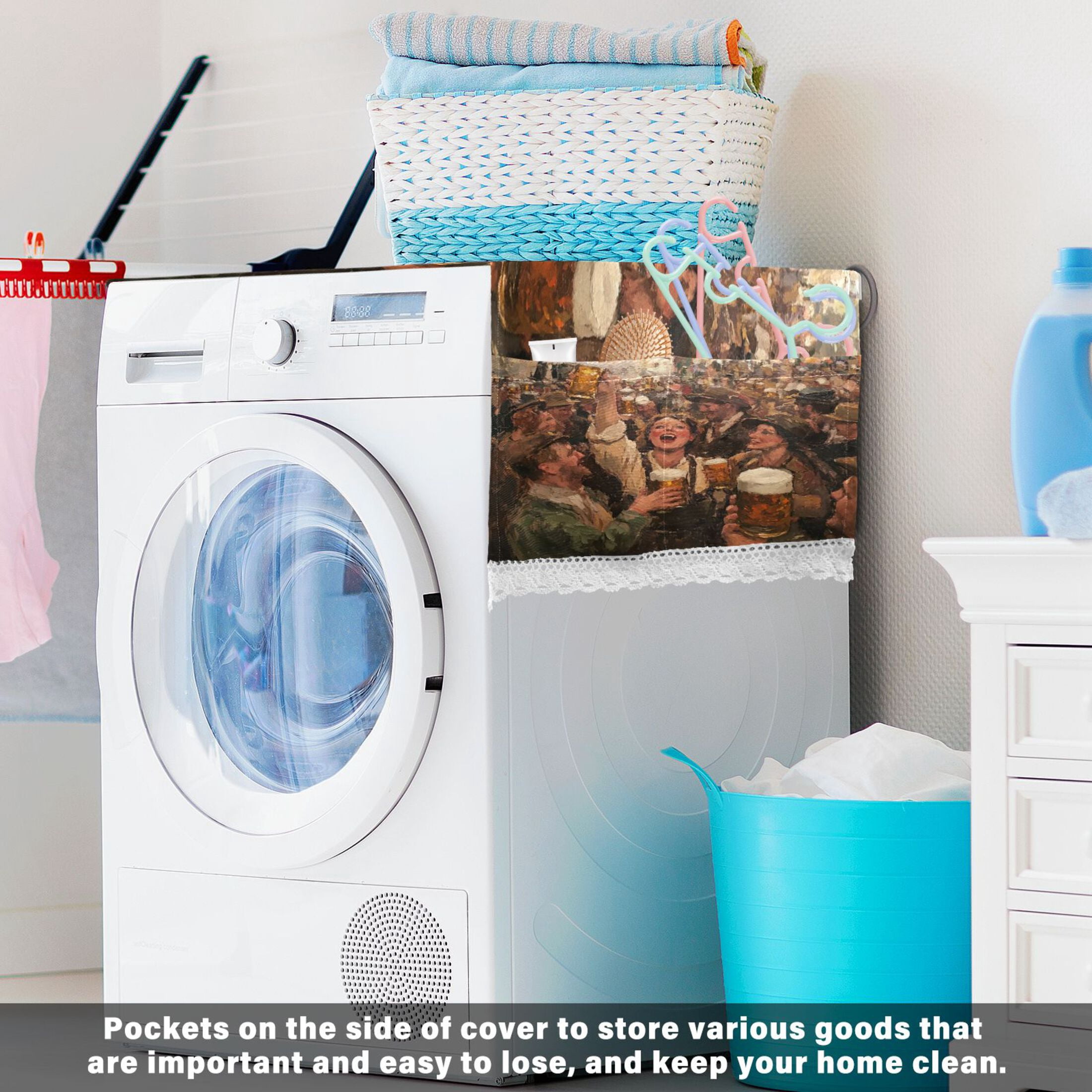 Beer FestivalWasher and Dryer Covers Dust-Proof and Oil Resistant Fridge Cover with 4 Storage Pockets Washing Machine Top Cover for Laundry Kitchen Home 51.2 x 22 In