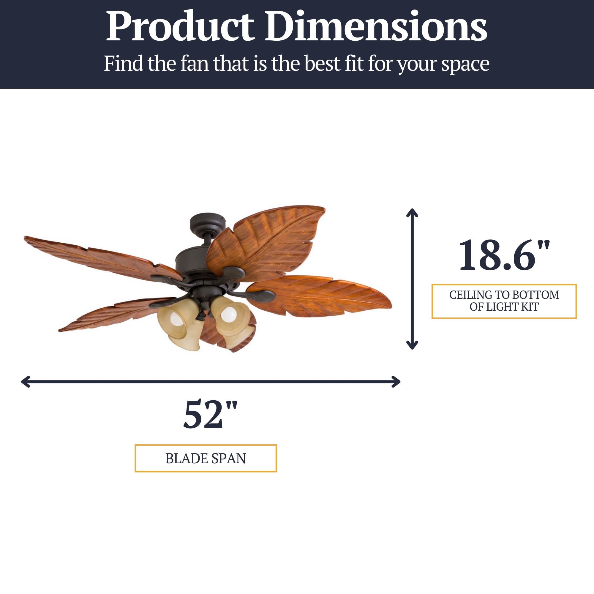 Prominence Home Royal Palm 52" Bronze Tropical Ceiling Fan with 5 Hand Carved Wood Blades, 4 Arm Light Kit, Remote & Reverse Airflow
