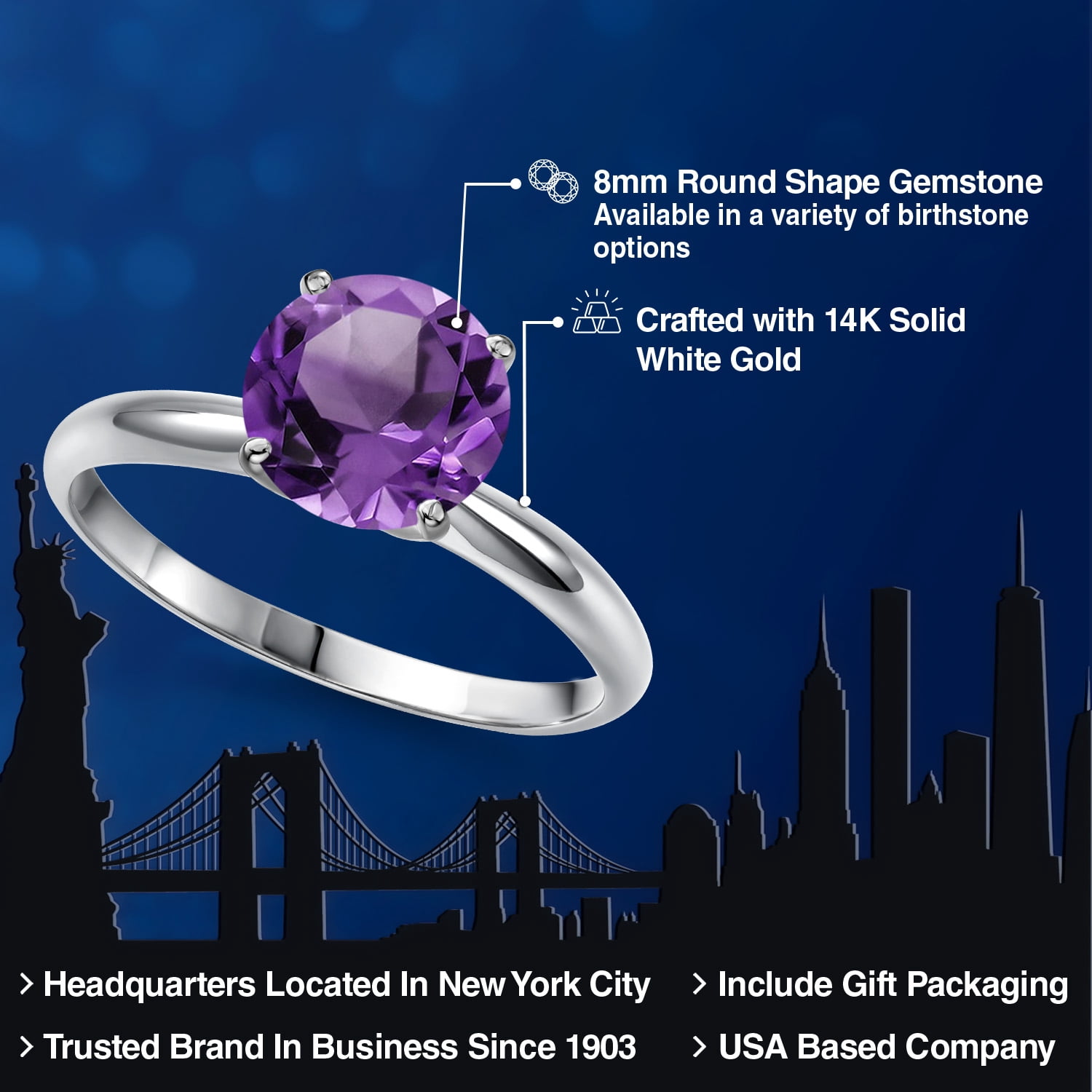 Gem Stone King 14K White Gold Purple Amethyst Solitaire Engagement Ring for Women | 1.70 Cttw | Round 8MM | Gemstone February Birthstone | Size 5