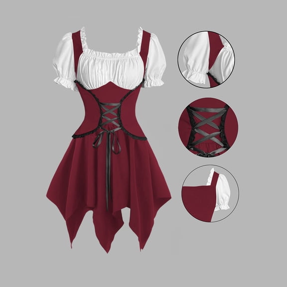 Women's Pirate Wench Costume Short Puff Sleeve Lace Up Corset Asymmetrical Handkerchief Hem Dress Gothic Fairy Cosplay Outfit for Halloween Theme Party