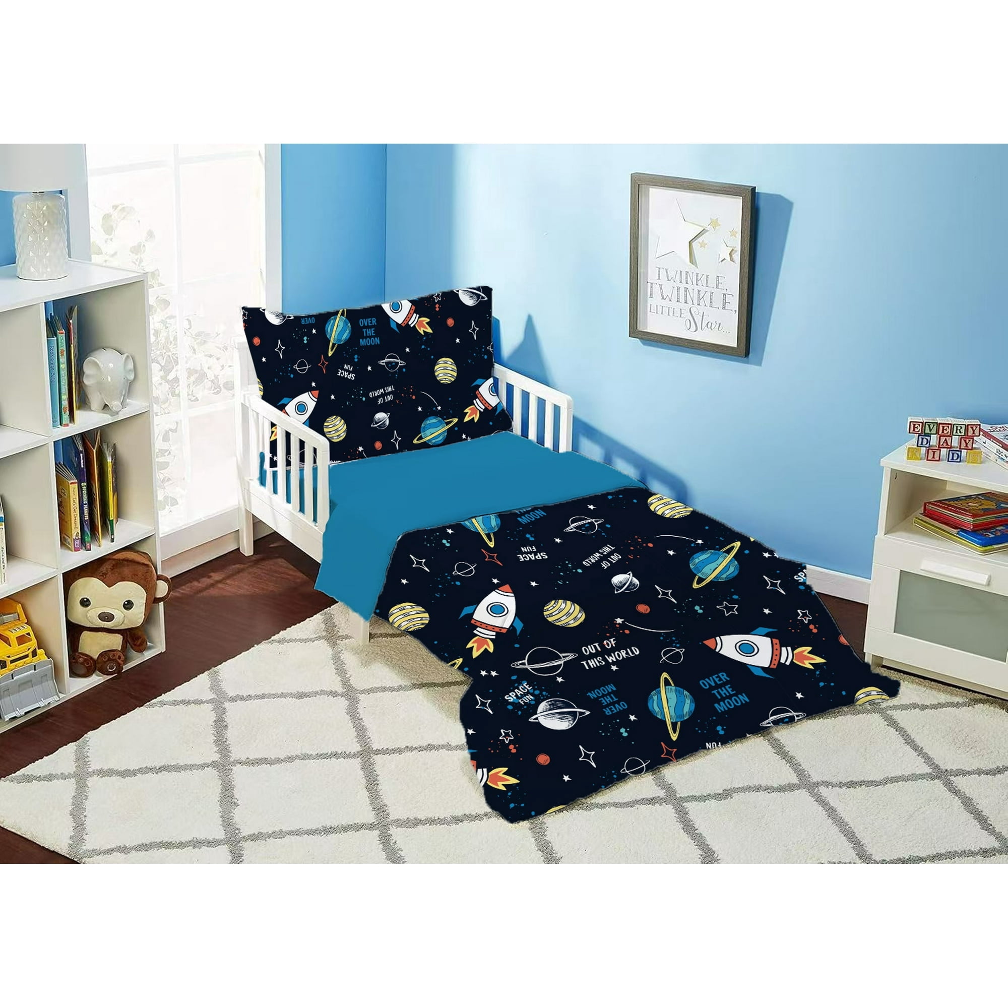 Toddler Bedding Sets for Babys Boys Girls Kids Navy Blue Space Rocket Toddler Crib Comforter Set Flat Sheet Fitted Sheet and Pillowcase 4 Pieces