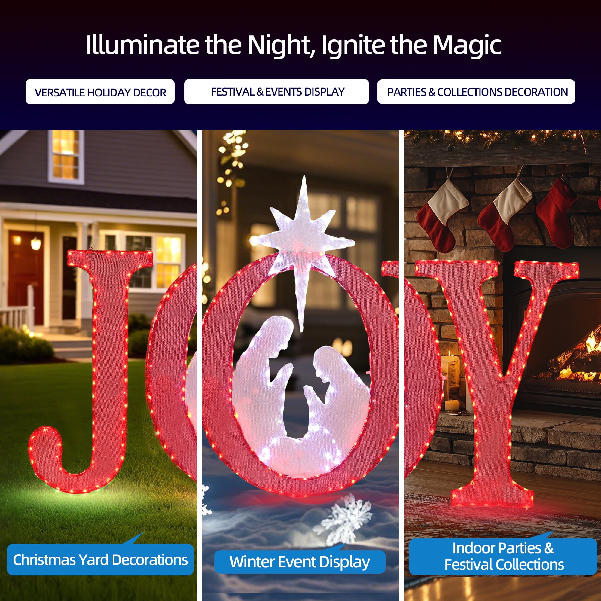 Starfree 49-inch Outdoor JOY Christmas Nativity Decoration Large Lighted JOY Sign Christmas Holiday Decorations Twinkling LED Hang/Stand Yard Signs