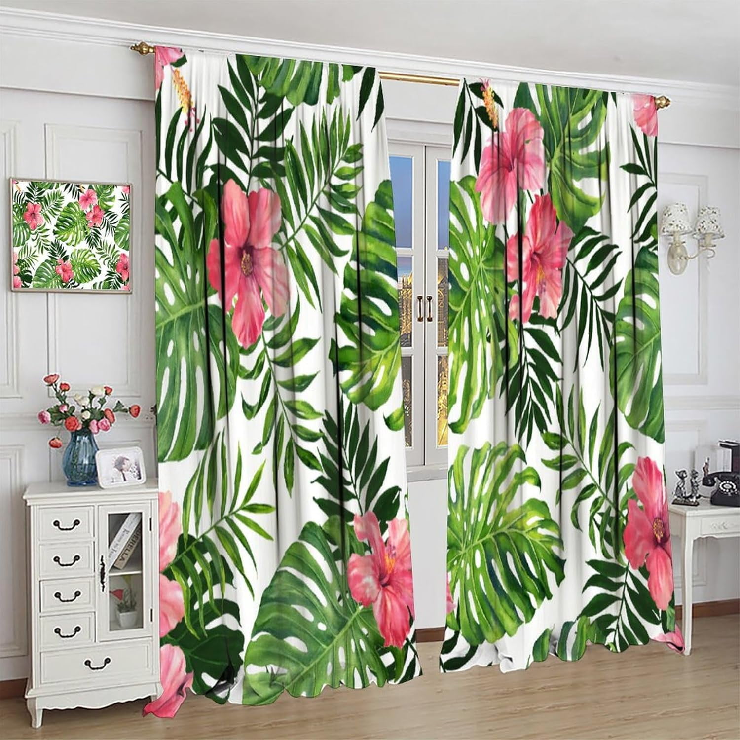 Tropical Floral Curtain Green Plant Nature Blackout Print Rod Pocket Window Drapes for Bedroom Living Room 42x63in