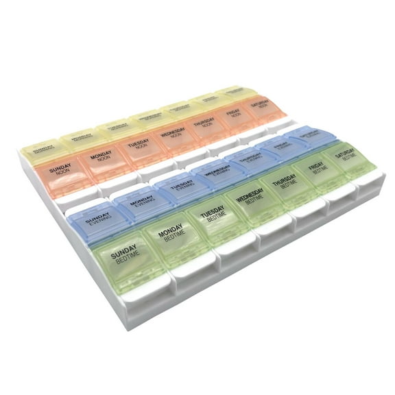 Ezy Dose Weekly (7-Day) Pill Organizer with Push Button Compartments & Pastel Color Lids, 4 Times a Day
