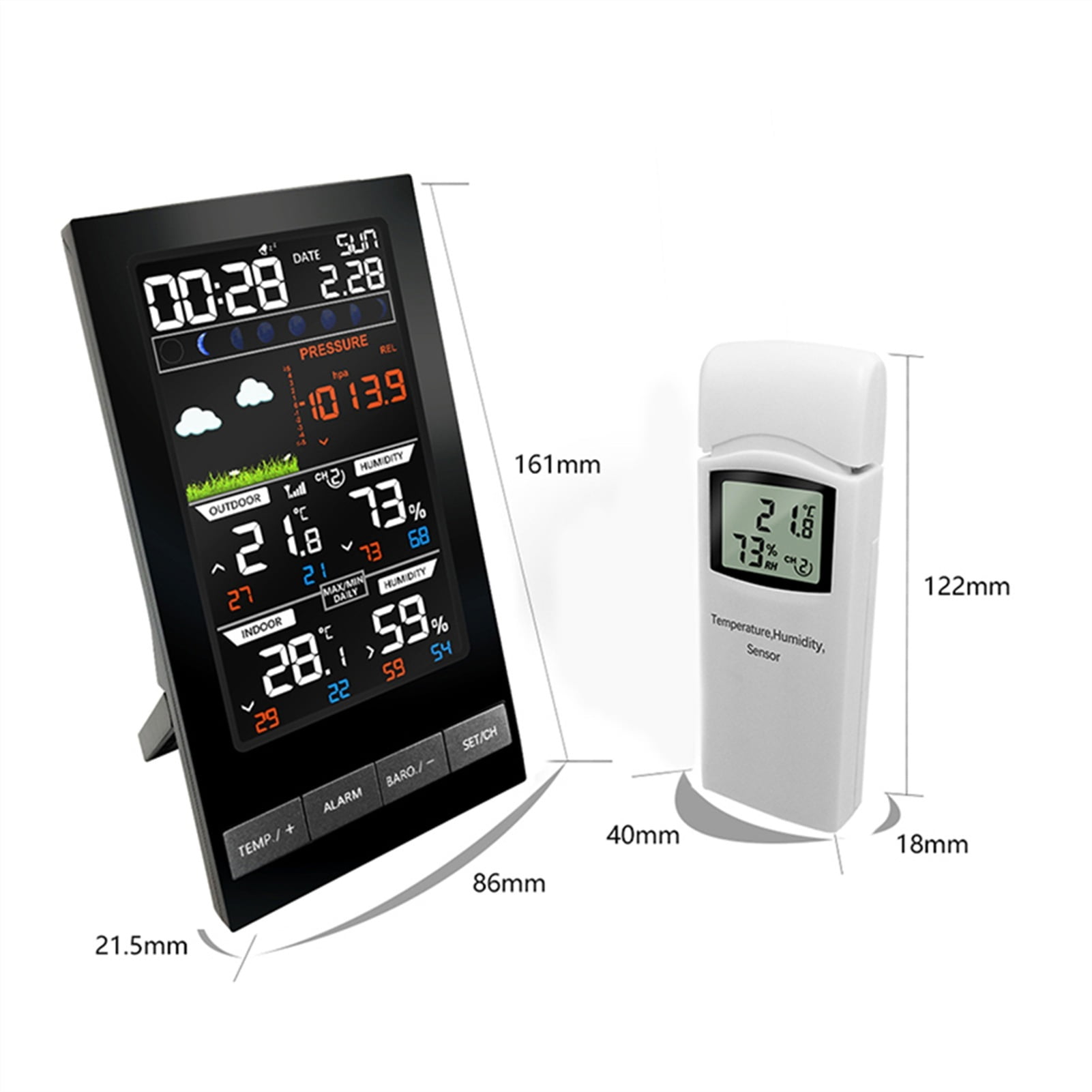 Weather Station Indoor Outdoor Sensor LED Temperature Humidity Forecast Snooze Table Digital Alarm Clock ,Easy to Operate