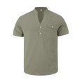 thumbnail image 3 of Rggeeun Men Shirts Solid Color Short Sleeve V Neck With Front Buttons & Pocket Trim Pleated Loose Fit For Summer Streetwear Simple Tee,Army Green,L, 3 of 8