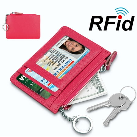Njjex Rfid Blocking Genuine cowhide Leather Durable Slim Wallets with Key chain, Secure Credit Card Wallet Mini Card Holder with Zipper and Id