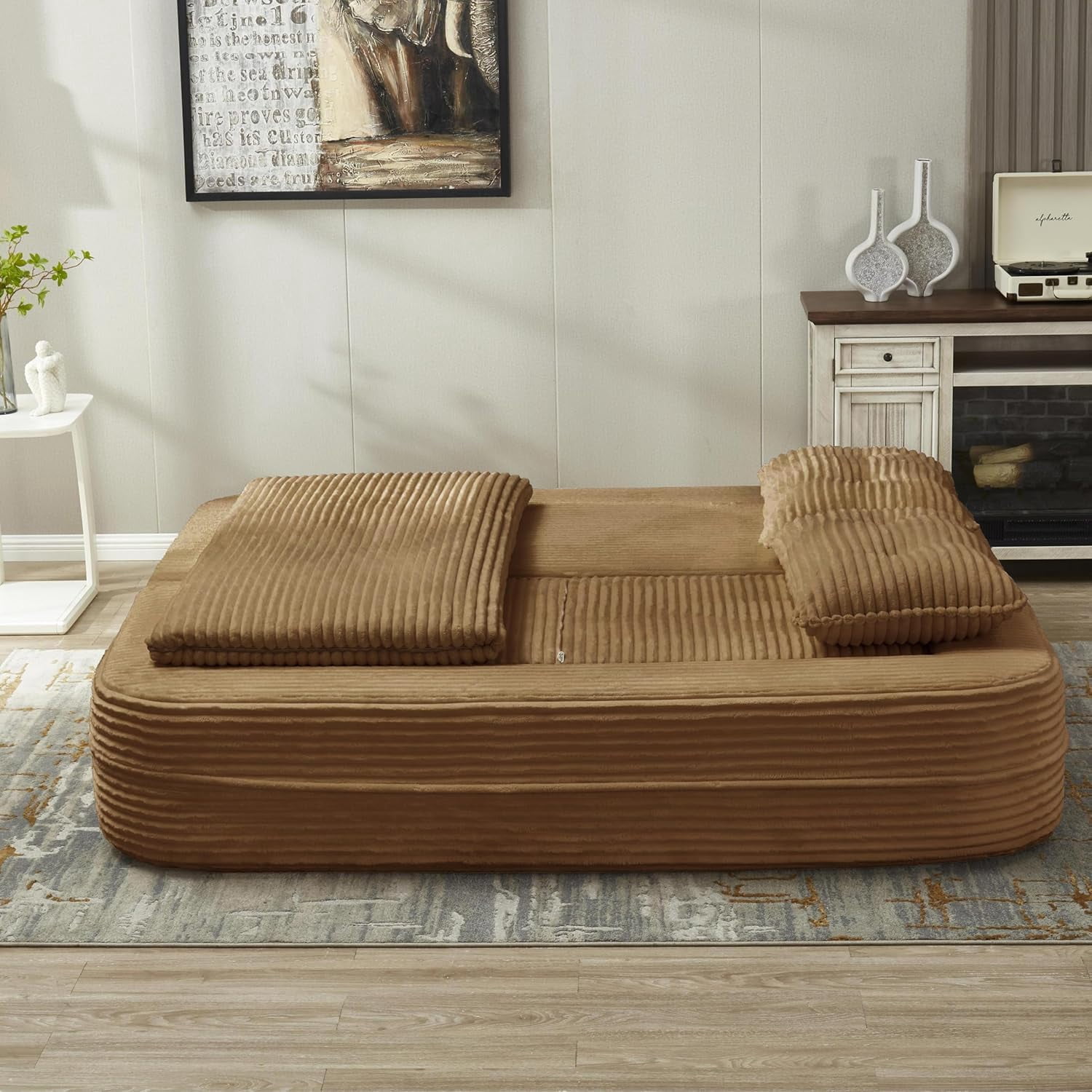 80" Folding Sofa Bed King Sleeper Sofa with Chaise Lounge, 2-in-1 Convertible Corduroy Boneless Couch with Blanket, Modern Loveseat Couches for Living Room, No Assembly Couch, Camel