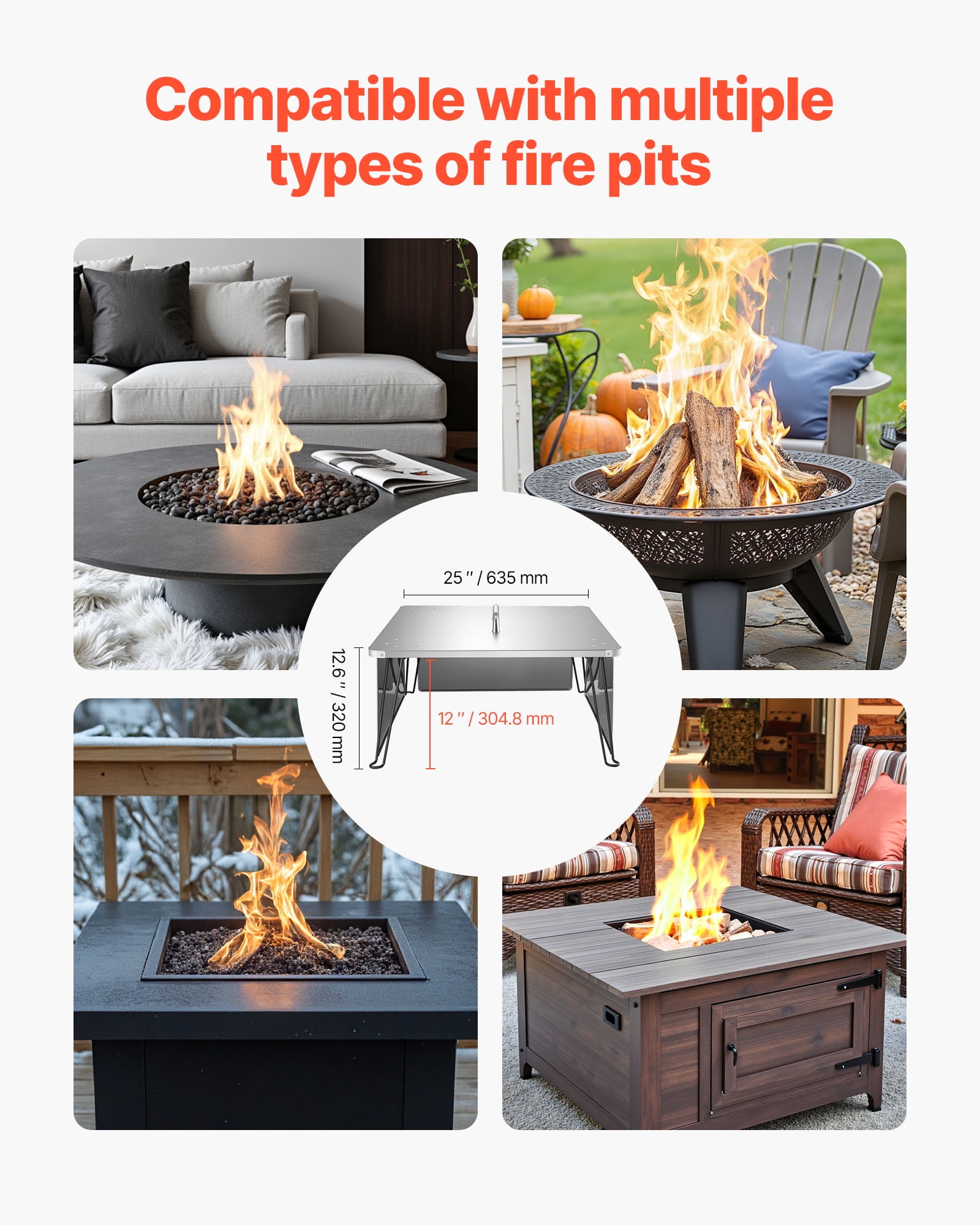 VEVOR Fire Pit Heat Deflector, 25.4x25.4x14.6 inch Square Outdoor Burner Cover, Stainless Steel Bonfire Camping Wood Burning, Push Heat Down and Out with 4 Foldable Legs & Carrying Handle