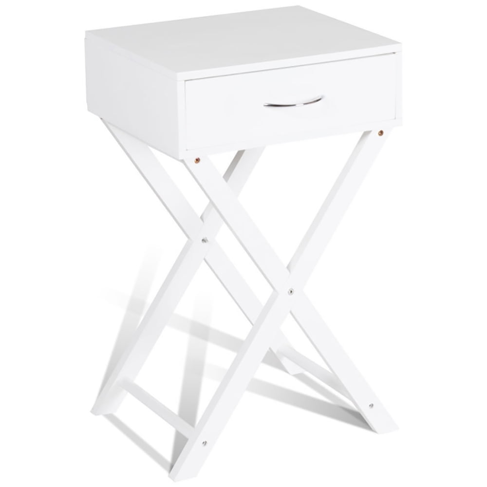 Finihen X-Shape End Table, Design Sofa Side Table with X-Shape Drawer, Sofa Side Table, Bed Side Table, for Living Room, Bedroom, White