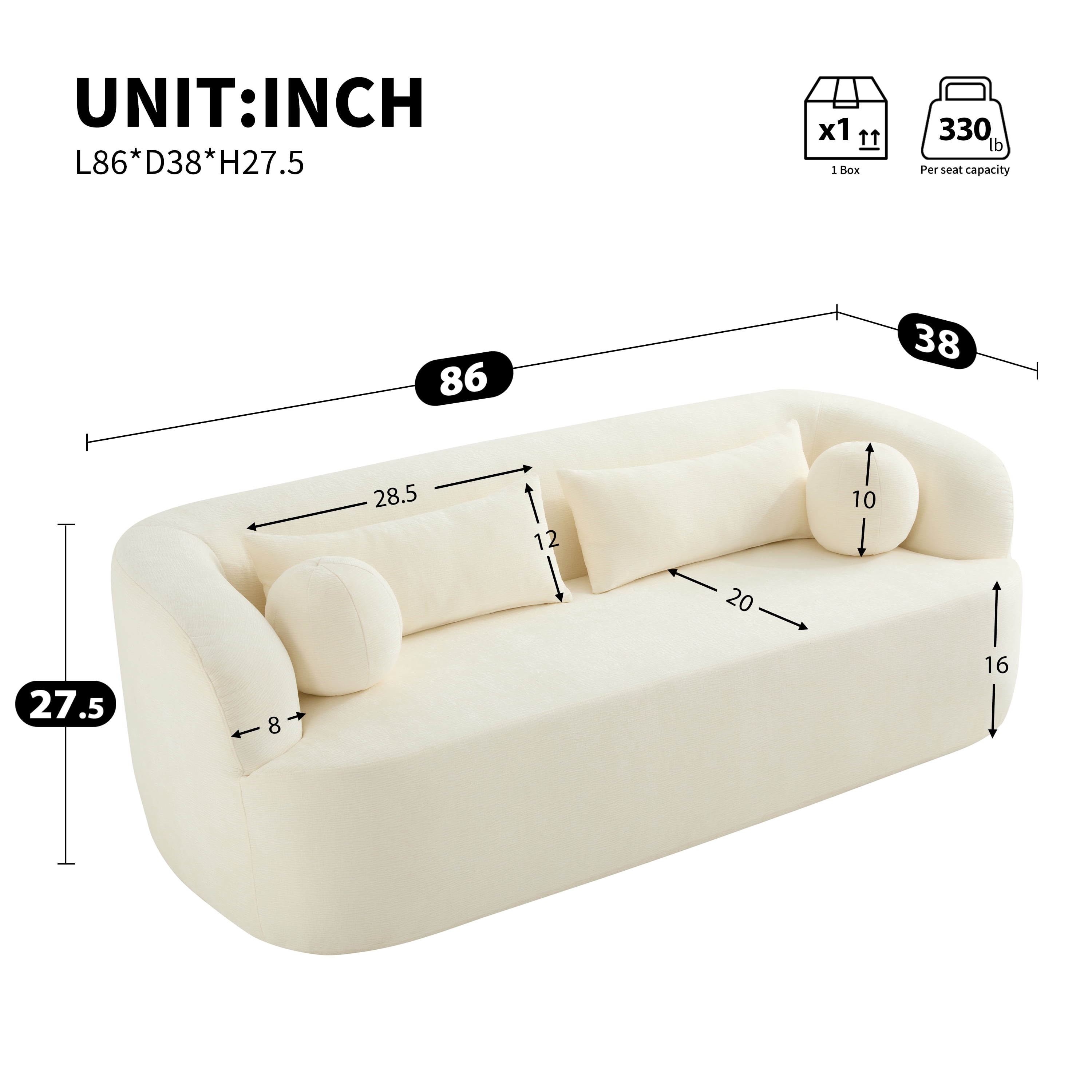 Sofa, Couch, No Assembly Sofa, Curved Frameless Chenille Cloud Couch Compressed Delivery, Includes 4 Pillows, 3-Seater Sofa for Living Room, Beige