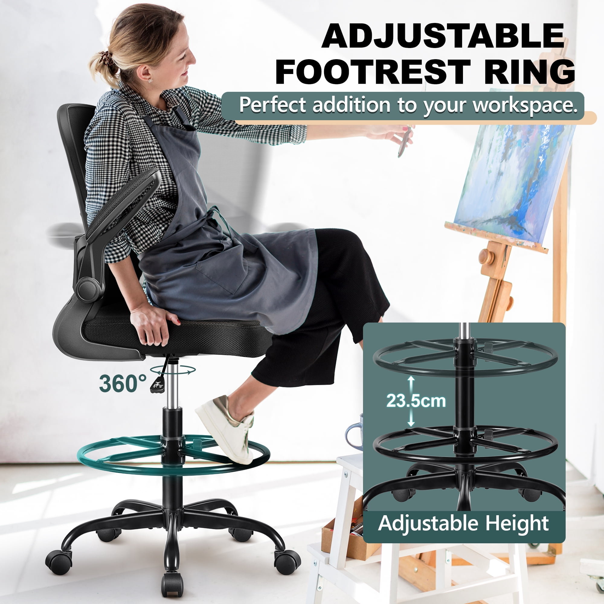 COOLHUT Home Office Chair with Flip-up Armrests for Standing Desk, Ergonomic Computer Office Desk Chair with Adjustable Foot Ring, Office Desk Chairs with Adjustab Lumbar Support for Workplanc, Black