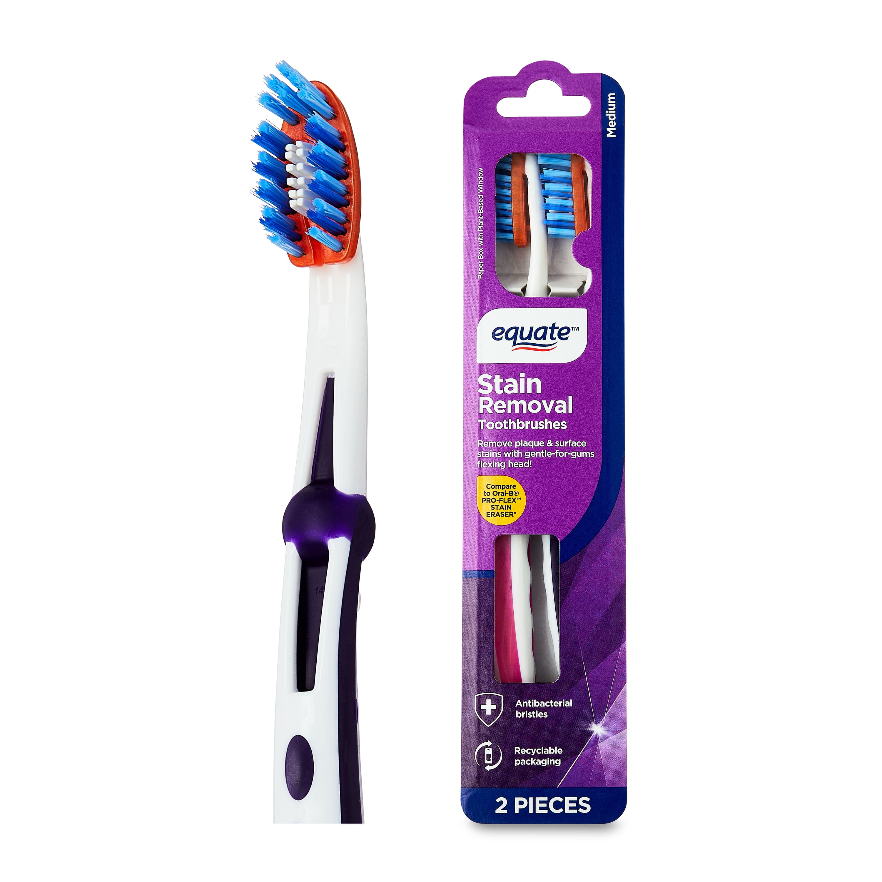 (2 pack) Equate Stain Removal Manual Toothbrushes, Medium, 2 Count